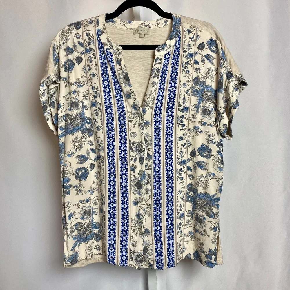 Chenault Womenʻs Cream | Blue Split Neck Button Down Short Sleeve Blouse Large
